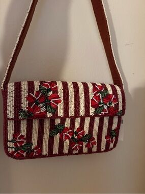 Anthropologie Beaded FionaDark Red / Brown and Cream Stripe festive Shoulder Bag